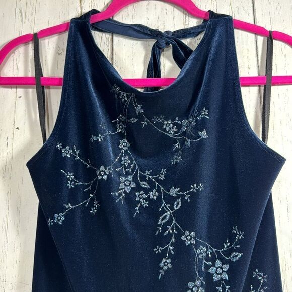 90s Navy Blue Velvet Floral Maxi Dress Y2K Glam Eveningwear Soft Goth - Picture 5 of 15